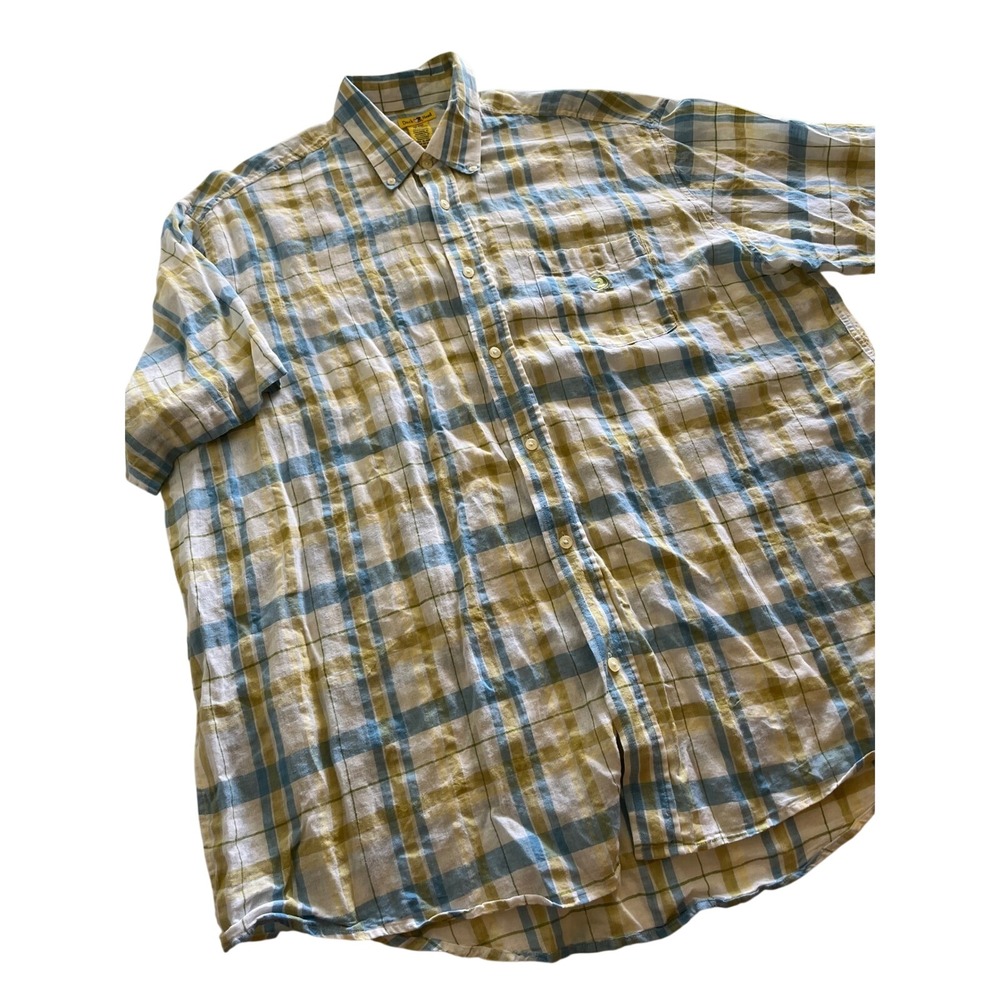 Duck Head Mens XXL Linen Cotton Blend Plaid Short Sleeve Button Down Shirt Blue